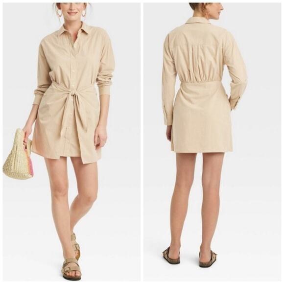 Universal Thread Women’s Shirt Dress Size XL Beige Tie Front Long Sleeve NWT - Picture 1 of 8